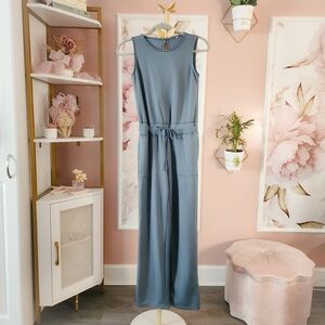 Slate Blue Sleeveless Women's Jumpsuit, Size XS, Drawstring Waist, Wide Leg
